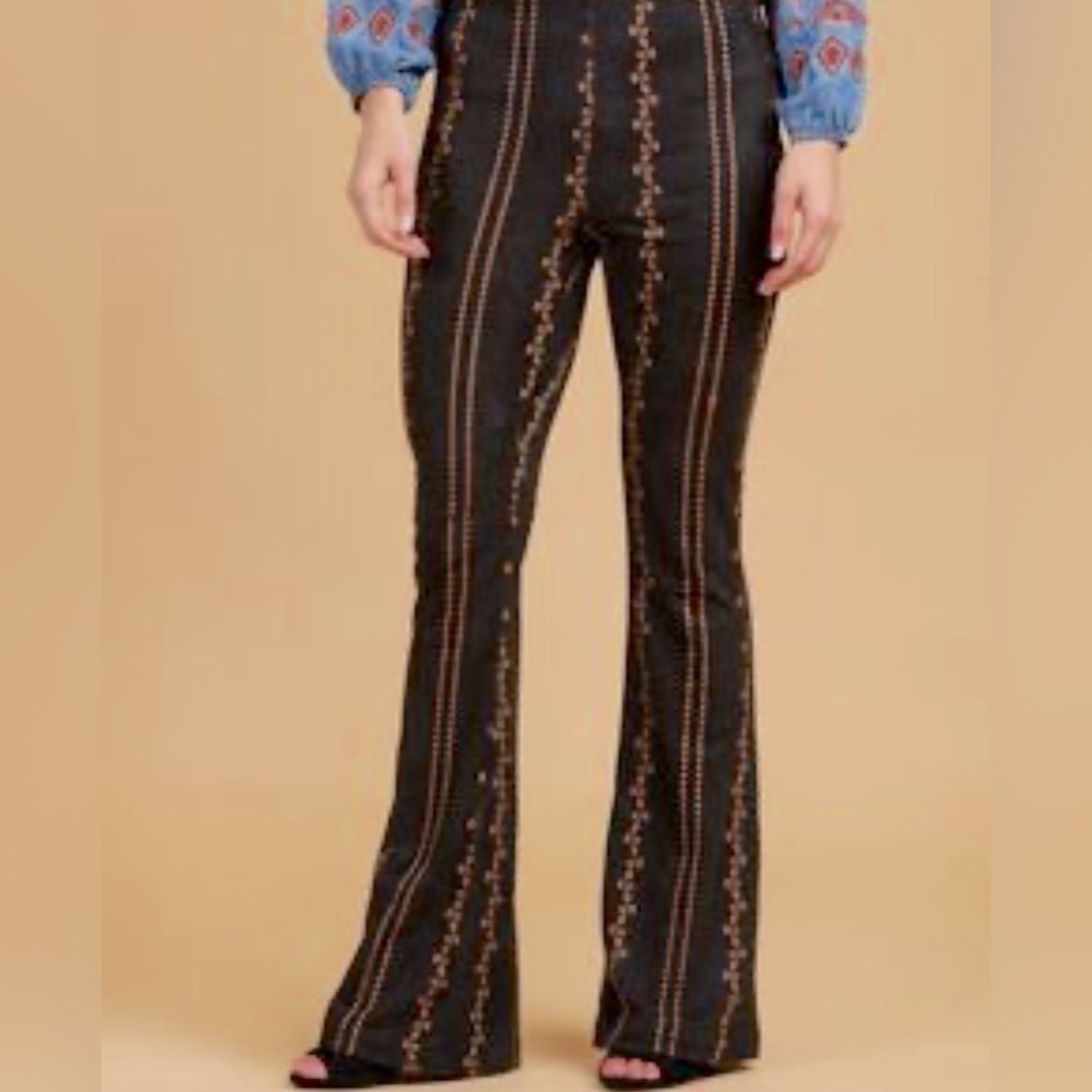 Women’s Boho Embroidered 70s Style Pants Stretch Faux Suede Size M Bell Bottoms